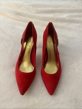 Marc Fisher Red Suede Pointed Toe Pumps with Gold Insole Accents very elegant